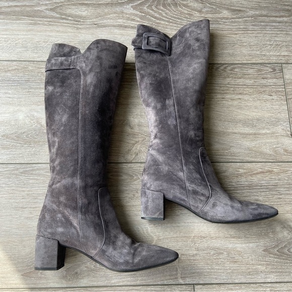 ROGER VIVIER Polly Suede Buckle Knee  Boot In Grey - Picture 8 of 15